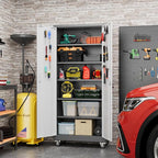 71" H×32" W×16" D Garage Storage Cabinet with Wheels & Pegboard, Locking Metal Storage Cabinet with Doors and 5 Adjustable Shelves & 4 Hooks for Garage Warehouse Home Office, White and Gray