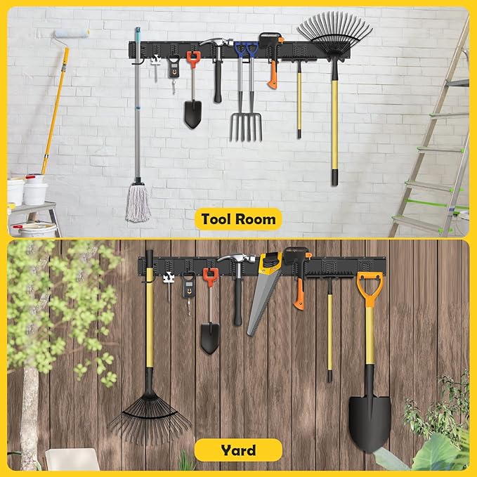 “48” Adjustable Garage Wall Tool Organizer - Full-Length Bracket for Garage Storage with 3 Tool Hooks, 2 Double Hooks, 2 Single Hooks and 3 Rails in Heavy-Duty Construction,Tool Organizer