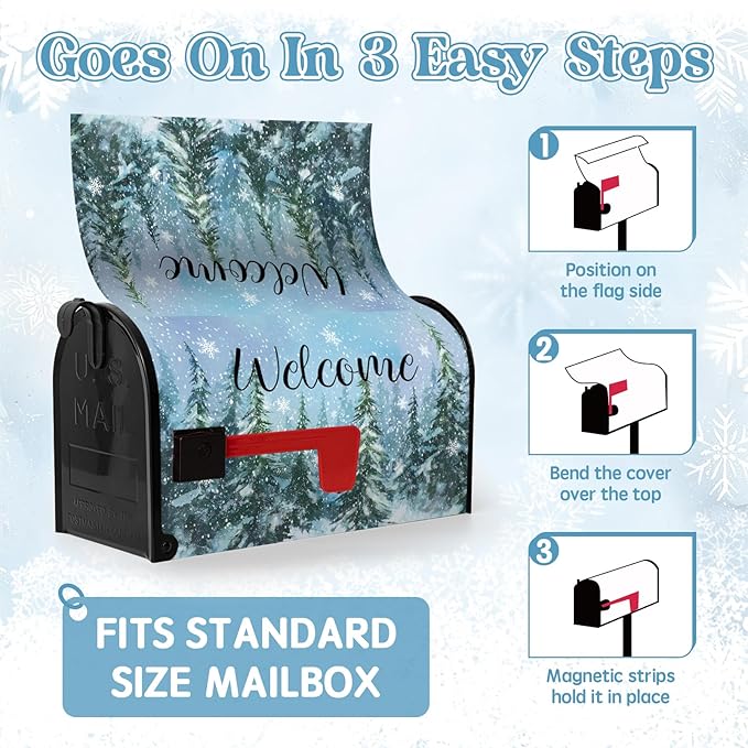 Winter Welcome Mailbox Covers Magnetic Forest Pine Tree Mailbox Cover Standard Size 21x18 Inch Snowflakes Outdoor Letterbox Wraps for Garden Yard Winter Decor