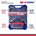 HITORK 32 Piece Wrench Set SAE & Metric 20 Standard & 12 Stubby Combination Wrenches Cr-V Steel 12-Point Mirror Finish 15° Offset with Organizer Tray Ideal for Auto & Home Repair
