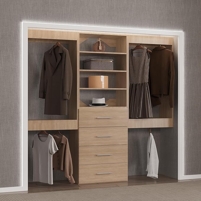 Modular Closet, 66" Wide Organizer With Hanging and Drawers, Wood Tower for Walk-In Closets, Wall-Mounted Wardrobe Organizer