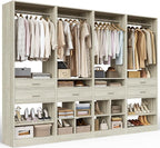 Unikito Closet System, 8.2FT Closet Organizer with 6 Wooden Drawers, Hanging Rods, Adjustable Shoe Rack and Cube Storage, Easy Assembly Wardrobe Tower, Set of 4, White Oak