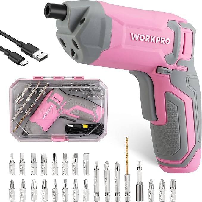 WORKPRO Pink Cordless Screwdriver Set, 3.6V Electric Rechargeable Eccentric Power Screwdriver Kit with 24Pcs Bits, Delay-off LED Light, 2000mAh High-Capacity Battery, Carrying Case Included