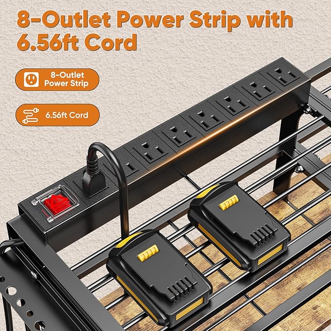 33" W Large Power Tool Organizer with Charging Station, 4-Layer Heavy Duty Utility Rack Loads 400lbs, Holds 8 Cordless Drills, Wall Mount Tool Shelf with 8-Outlet Power Strip, Gift for Men