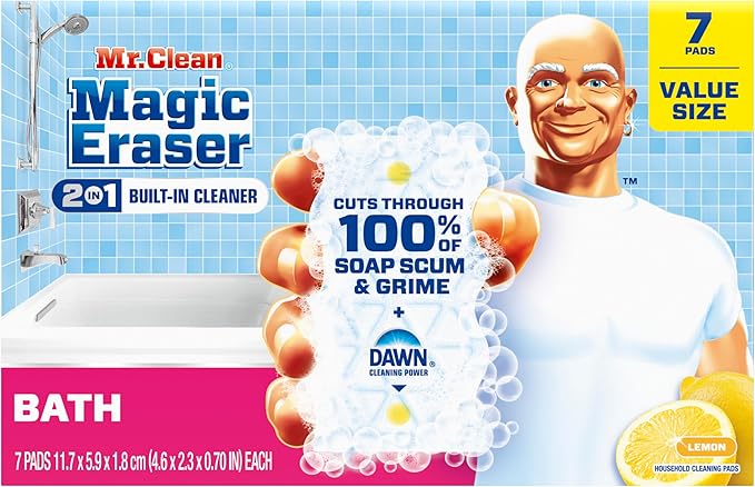 Mr. Clean Magic Eraser Sponge, Bathroom Cleaner, Soap Scum Shower & Tub Cleaner, 2 in 1 Bath, 7ct