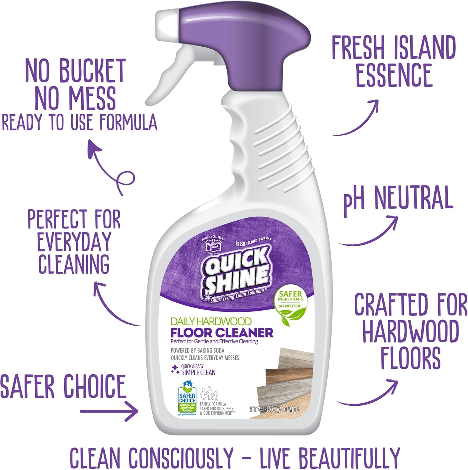 Quick Shine Hardwood Floor Cleaner Daily Care 24oz, 6Pk | Naturally Cleans Dirt & Scuff Marks | Dirt Dissolving, Streak Free, No Rinse & Ready to Use | Spray, Wipe, Done! | Safer Choice Cleaner