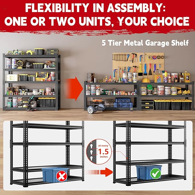 Heavy Duty Garage Shelving, 5-Tier Storage Rack 3000LBS Capacity 48" W x 72" H x 24" D, Adjustable Storage Shelves, Boltless Assembly Shelving Unit for Workshop, Basement & Garage Organizer