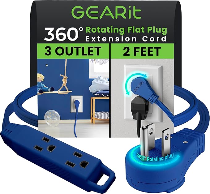 GEARit 360 Rotating Flat Plug Short Extension Cord with 3 Outlets (2ft, Navy) 16AWG/13A 3 Prong Wire, Outlet Saver for Home Office Dorm Room Essentials, ETL Certified