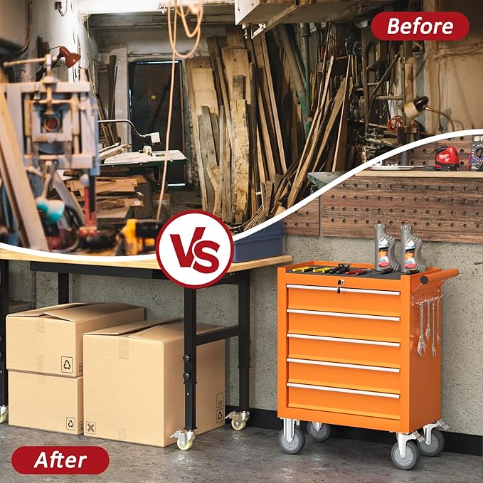 5 Drawers Rolling Tool Chest with Wheels, Portable Rolling Tool Boxes with Wheels, Tool Box Storage Cabinet with Locking System for Garage (Orange, 5 Drawers)