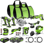 Greenworks 24V Brushless 10PC Power Tool Combo, Drill+Impact Driver+Circular Saw+Recip Saw+Jig Saw+Sander+Light+Multi-Tool+Nailer+Grinder (2) 4.0Ah+2.0Ah Batteries (24,000mAh Power Bank) USB-C Charger