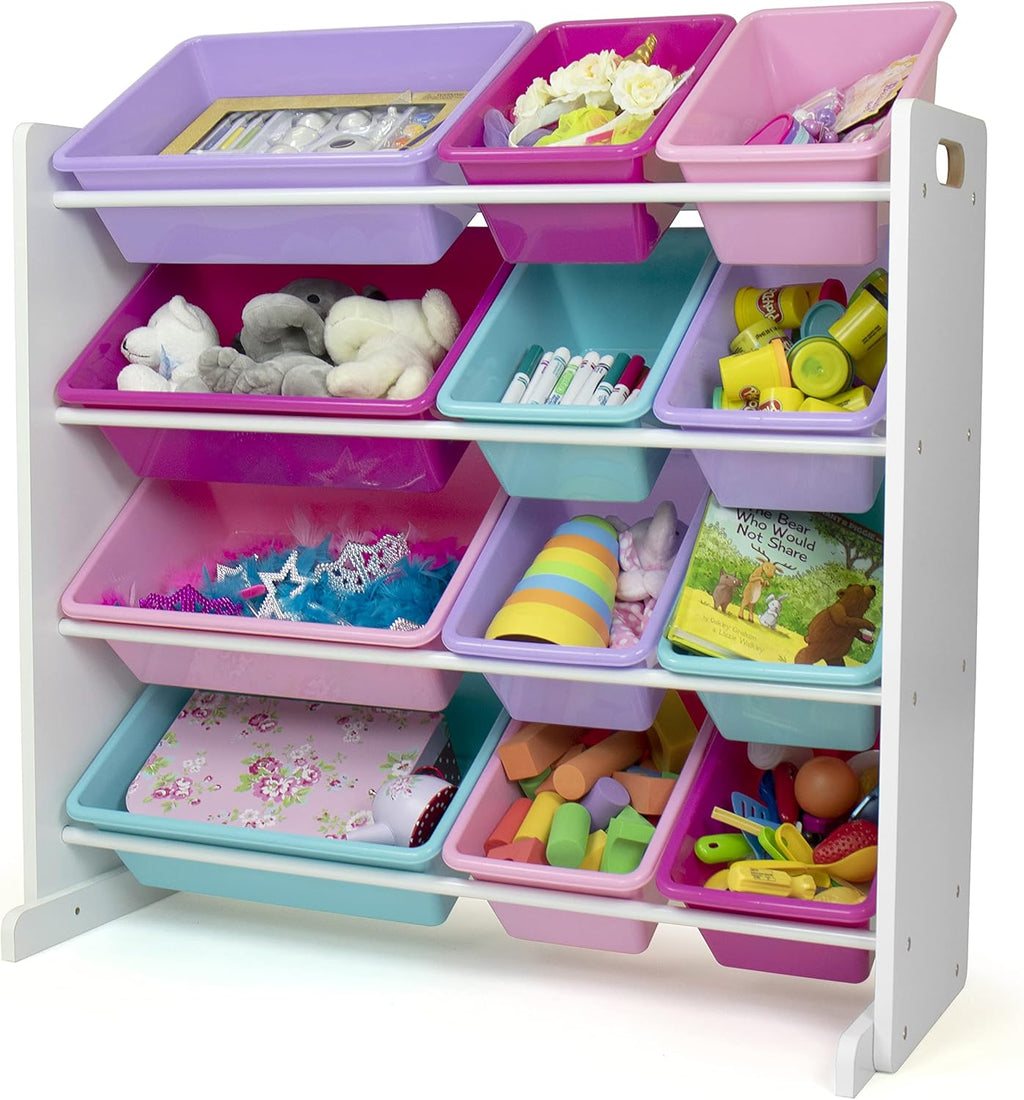 Humble Crew Kids Toy Storage Organizer with 12 Plastic Bins, White/Pink/Purple/Turquoise – Removable Bins for Playroom, Bedroom, Toddler Furniture for Boys and Girls Ages