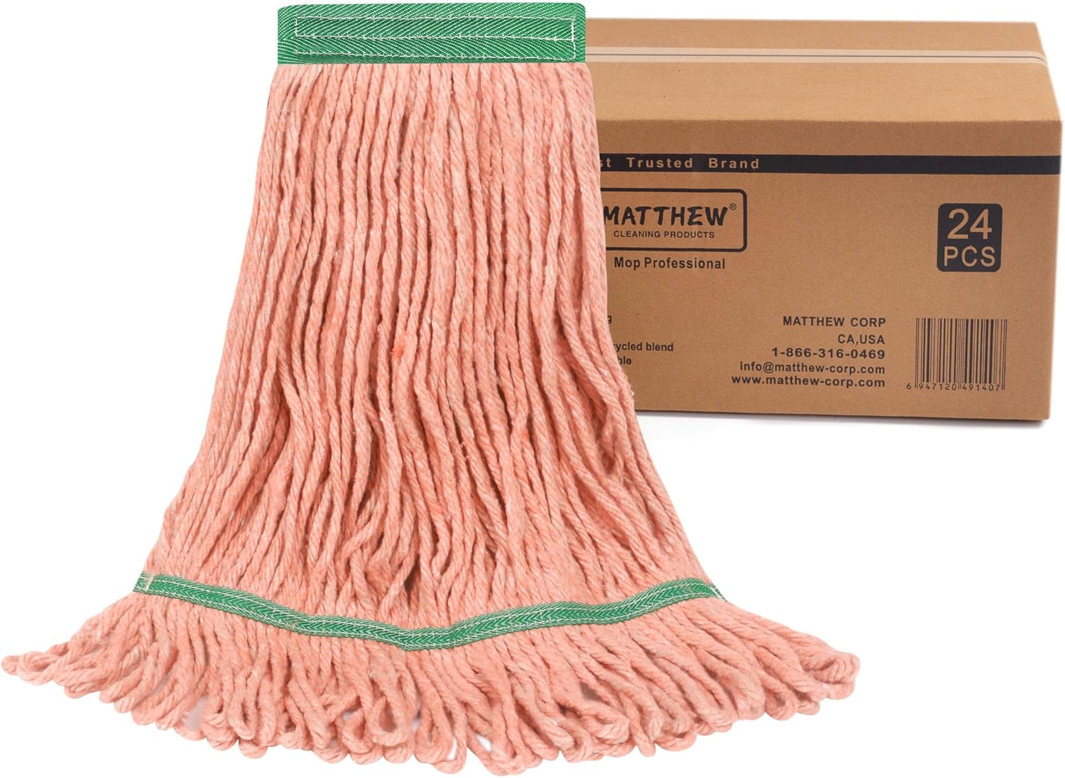 Matthew Cleaning Heavy Duty Mop Head Commercial Replacement for General and Floor Cleaning, Wet Industrial Blue Cotton Looped End String Head Refill (Case of 24) Orange