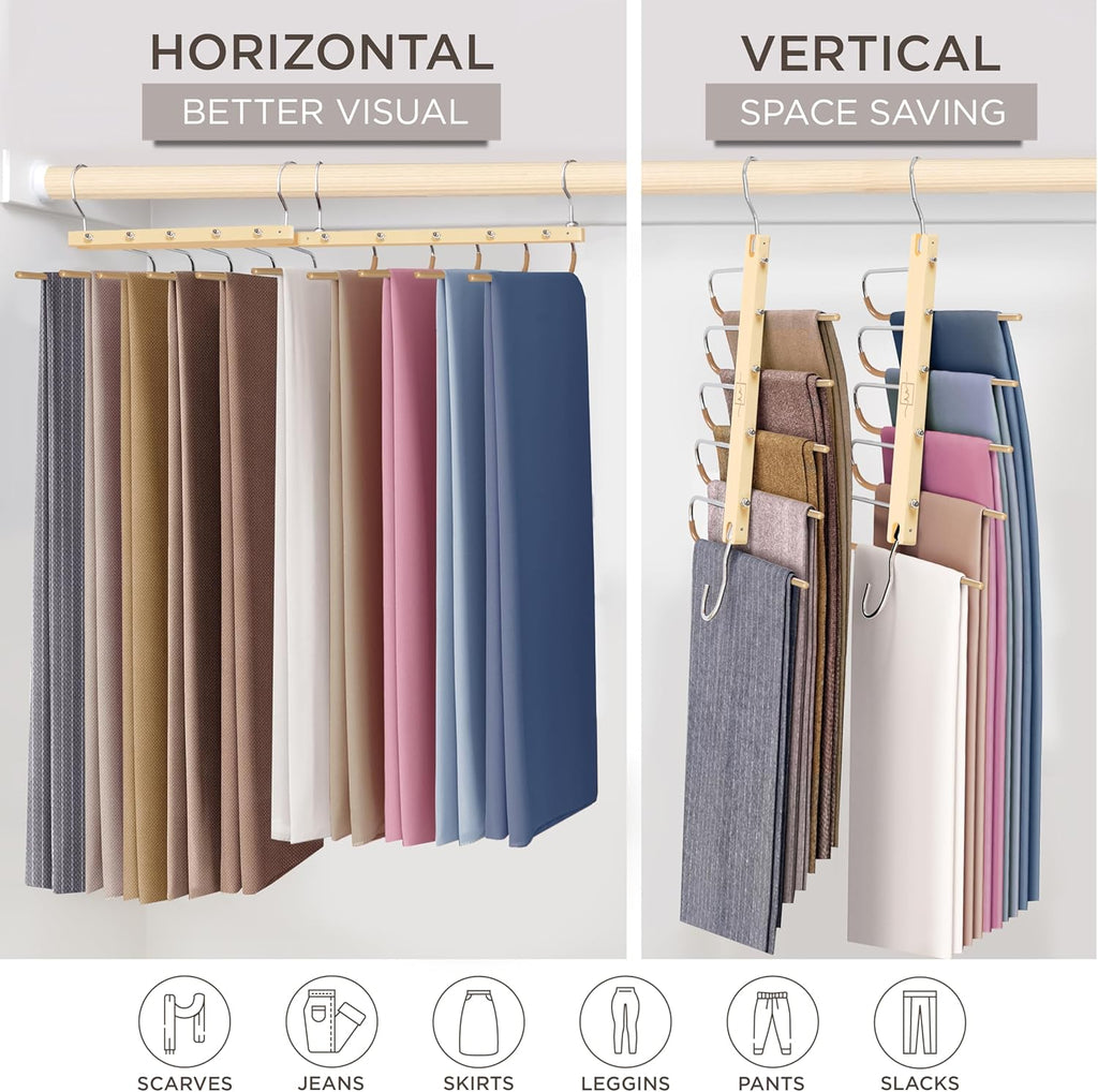 MORALVE Pants Hangers Space Saving - European Beechwood Scarf and Jean Hangers - Closet Organizer and Space Saver Pant Rack, Leggings Hanger, and Scarf Holder with 360° Swivel Hook (1 Pack)