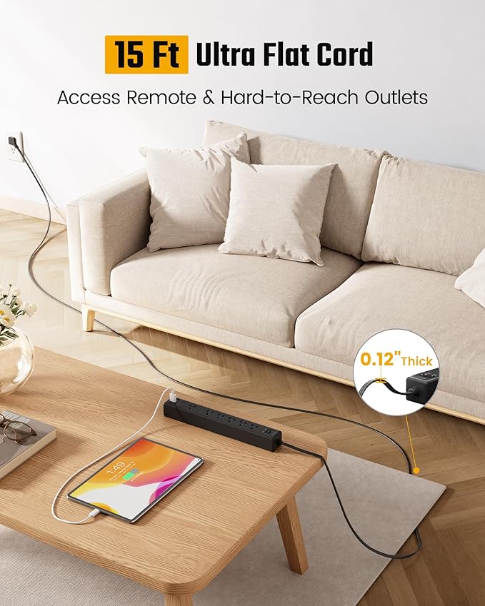 15Ft Long Extension Cord, SUPERDANNY Flat Plug Surge Protector Power Strip, 6 Outlets & 3 USB Ports, Desk Charging Station for Home Office, College Dorm Room Essentials