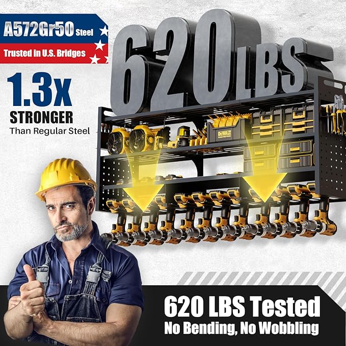 Large 49''W Power Tool Organizer Wall Mount | 620lbs Garage Storage Rack with 12 Cordless Drill Holder | 4-Tier Heavy Duty Utility Shelf for Battery Workshop Organization