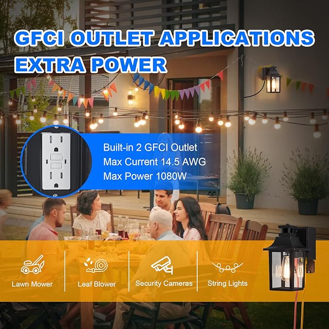 Porch Light with GFCI Outlet Dusk to Dawn Motion Sensor Outdoor Light 3 Light Modes Exterior Light Fixture Waterproof Outside Wall Light for House Patio Garage