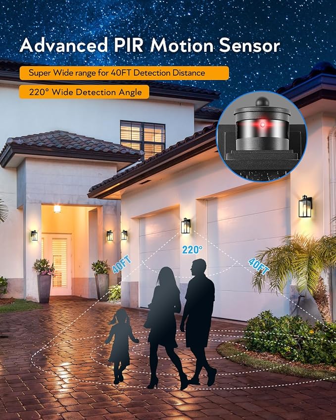 VIANIS Exterior Wall Lights for House, Motion Sensor Porch Light Outside, Black Outdoor Sconce Lighting Fixtures Wall Mount, Modern Outdoor Wall Lantern Lamps with Seeded Tempered Glass for Garage