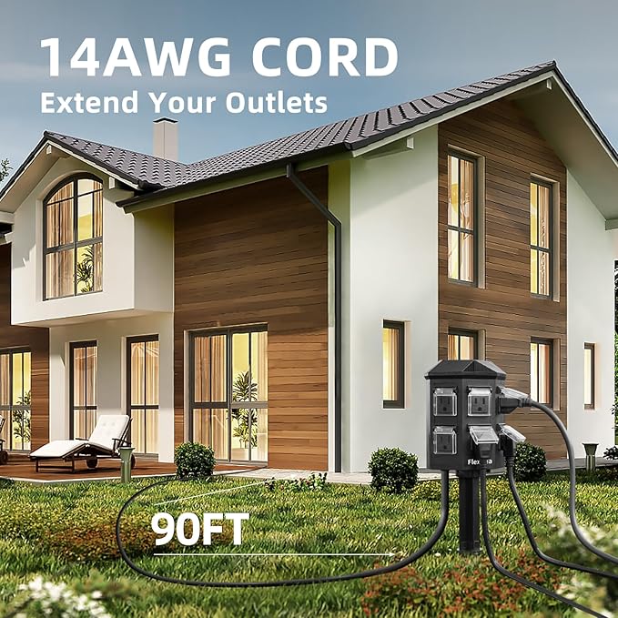 Outdoor Power Strip Waterproof, 90 FT Extension Cord, 6 Grounded Outlets for Halloween/Christmas Decorations and Inflatables, 15A/1875W, ETL Listed