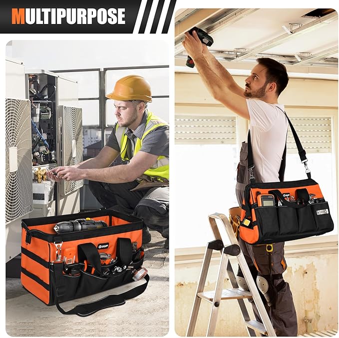 Heavy Duty Tool Bag 18-Inch, 16-Pocket Portable Soft Tool Box Organizer Storage, Handle Tactical Carry Tote Empty Toolbox with Large Zipper, Father Day Dad Men Gift for Mechanic Engineer, Orange