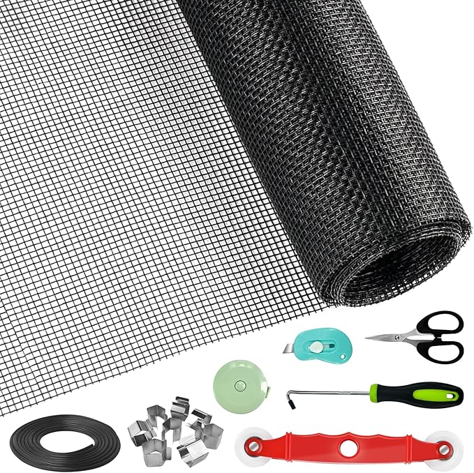 Window Screen Door Repair/Replacement Kit,59" x158" Adjustable Durable Fiberglass Window Screen Mesh,with Spline/Roller/Hook/Clips Screen Door Repair Kit,DIY Window,Porch Sliding Door(Black)