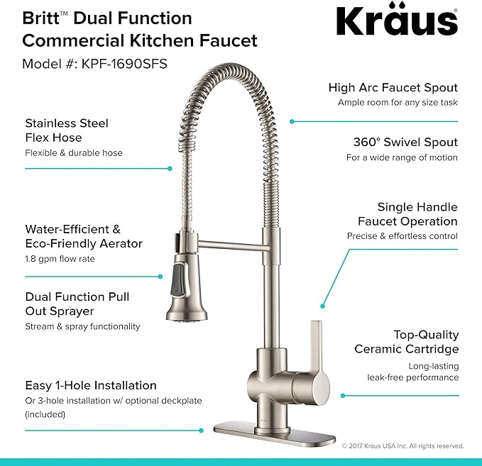KRAUS Britt Commercial Style Spot Free Stainless Steel Pre-Rinse Kitchen Faucet with Deck Plate and Soap Dispenser, KPF-1690SFS-KSD-31SFS