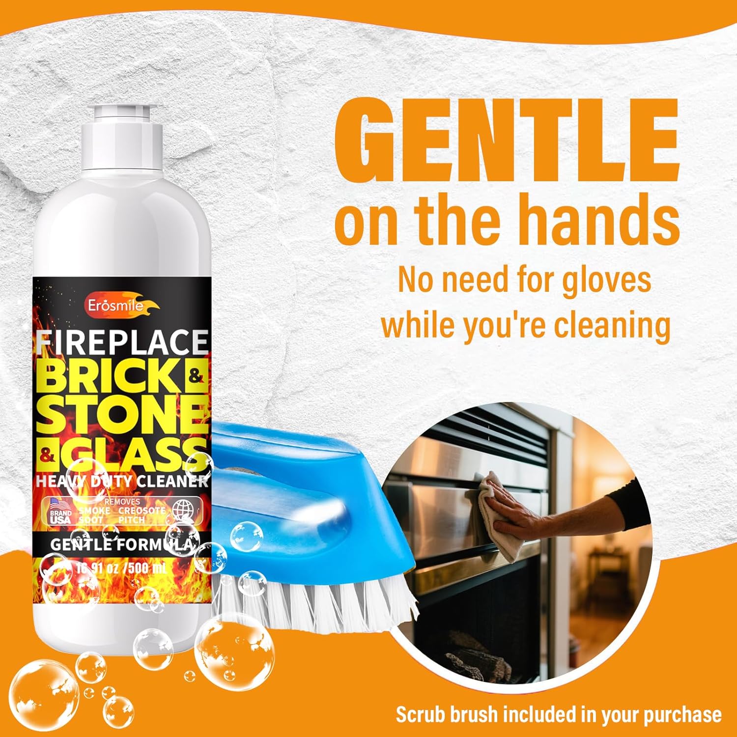 Fireplace Cleaning Set Fireplace Soot Remover with Scrub Brush for Brick, Stone, Rock, Tile, and Marble – Nonabrasive Brick Cleaner, Gentle Formula for Bricks & Glass Indoor and Outdoor -16.91 oz