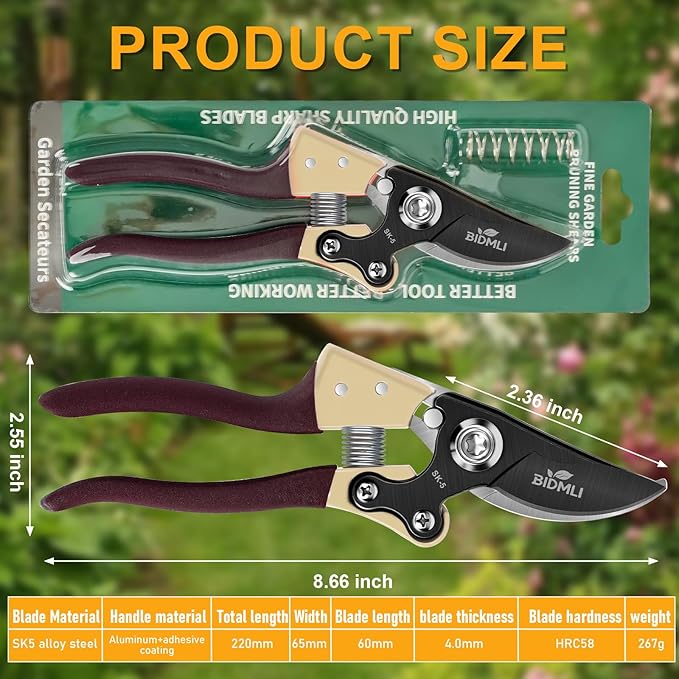 Heavy Duty Pruning Shears，Garden Scissors & Clippers with Red-BIDMLI 8.66" SK5 Steel Blades & Aluminum Alloy Handles, Tree Branch Cutter, Ideal for Thick Branches, Dry Twigs, Flower Pruning Tool.