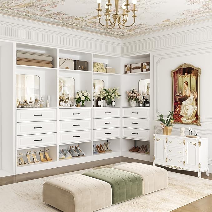 Unikito 100" Freestanding Closet System with Drawers, 8FT Closet Organizer Wardrobe with Storage Shelves and Mirror, Heavy Duty Wood Walk-in Closet Towers for Bedroom, Max Load 2000 LBS, White