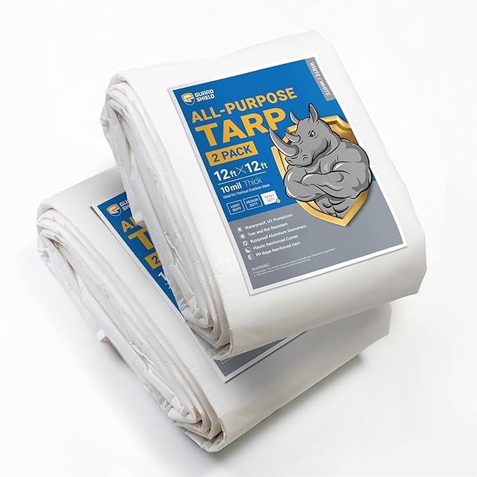 GUARD SHIELD Tarps Heavy Duty Waterproof 12x12 Feet White Poly Tarp Cover Square Outdoor Thick UV Resistant Tarpaulin with Grommets 10mil (2-Pack)