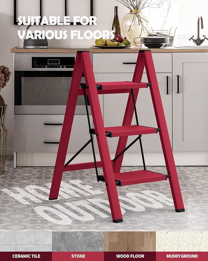 Taranta 3 Step Ladder,Aluminum Lightweight Folding 3 Step Stool with Anti-Slip Wide Pedal,330lbs Capacity Step Ladder for Household,Kitchen,Office - Red