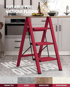 Taranta 3 Step Ladder,Aluminum Lightweight Folding 3 Step Stool with Anti-Slip Wide Pedal,330lbs Capacity Step Ladder for Household,Kitchen,Office - Red