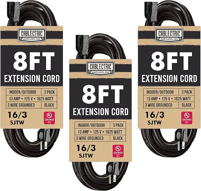 3 Pack Weatherproof Black Extension Cord 8 ft, 16/3 SJTW 8 Foot Outdoor Extension Cord 3 Prong, 13 Amp Heavy Duty Exterior Power Cable Multi Pack Great for Outside, Landscaping & Lawn