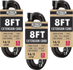 3 Pack Weatherproof Black Extension Cord 8 ft, 16/3 SJTW 8 Foot Outdoor Extension Cord 3 Prong, 13 Amp Heavy Duty Exterior Power Cable Multi Pack Great for Outside, Landscaping & Lawn