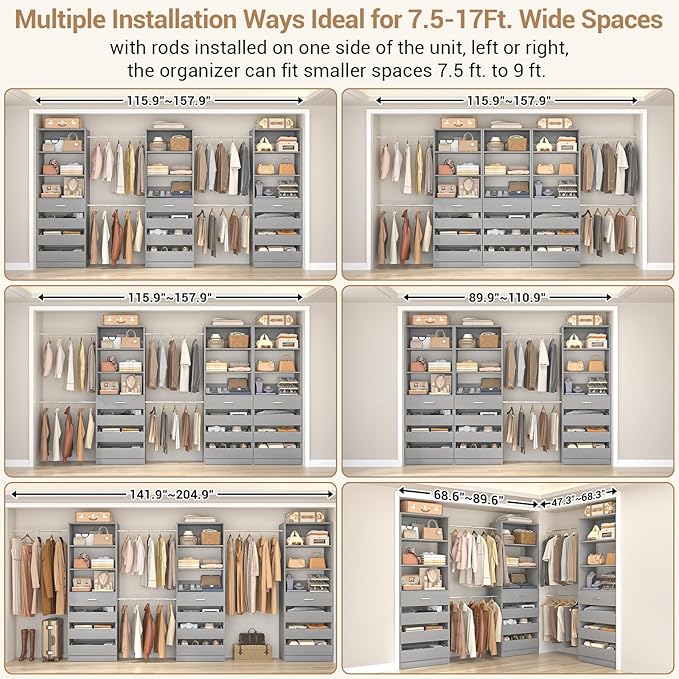 Aheaplus Closet System with 12 Drawers, 8.5-11.5Ft Wood Closet Organizer System with 4 Hanging Rods & 3 Towers, 4Ft & 6Ft L-Shaped Walk-in Closets Wardrobe Organizer Clothes Rack, Set of 3, Grey