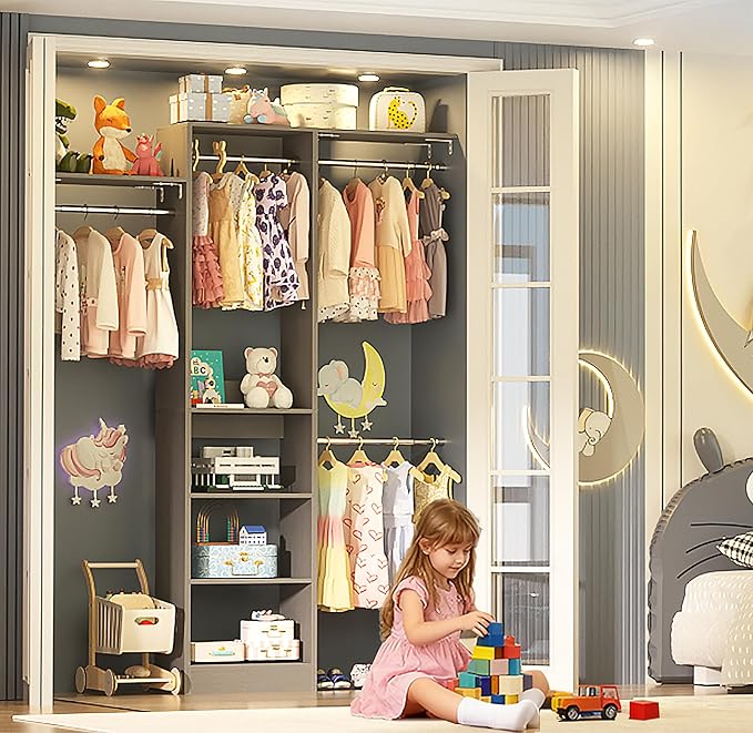 48" Small Closet Organizer, 4FT Closet System for Small Closets with 4 Hanging Rods & 3 Shelves, 80"H Small Closet Organizers and Storage for Bedrooms, Cloakrooms, Gray