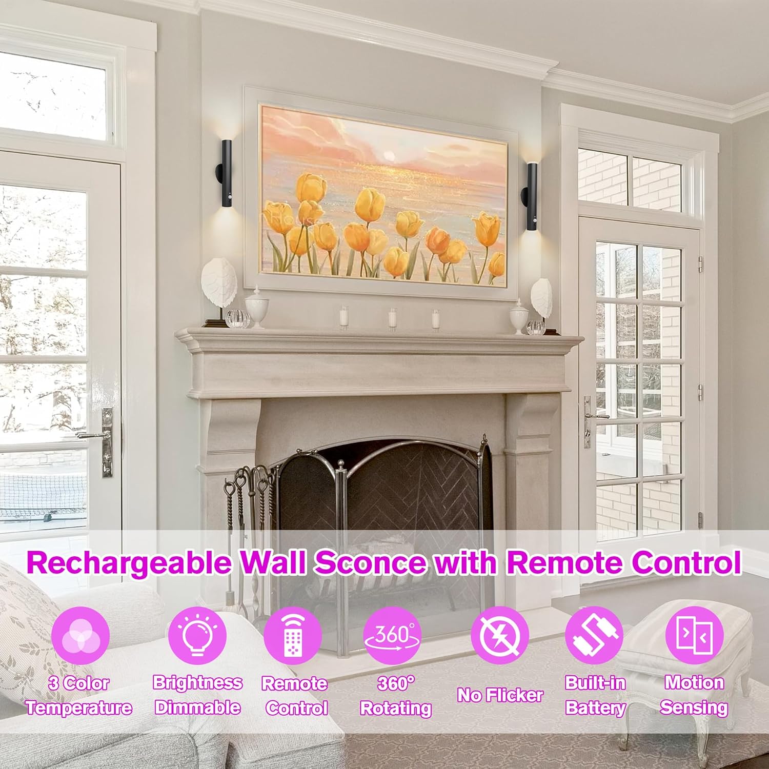 Battery Operated Wall Sconce, Rechargeable Wall Lights with Motion Sensor, Remote Control, Dimmable Metal Magnetic Wall Lamp for Decor, Bedroom, Living Room, Night Light (Black, 1Pcs)