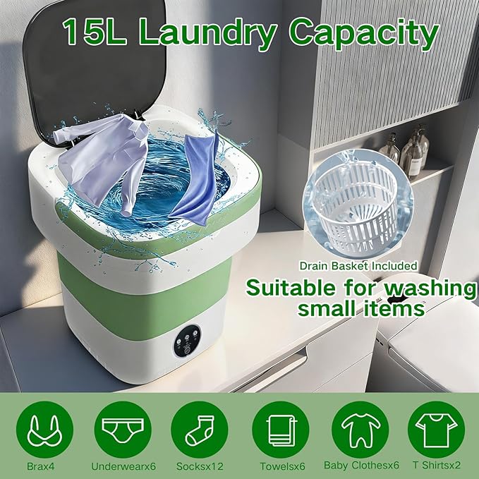 Portable Washing Machine, 15L Mini Collapsible Washer with 3 Cleaning Modes for Baby Clothes, Underwear, Small Foldable Laundry for Travel Apartment Home Dorm Hotel Camping (White+Green)