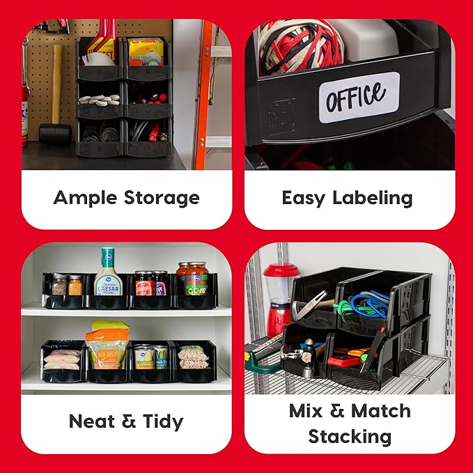 IRIS USA Stackable Storage Bins Open Front, 6 Pack, Plastic Hanging Organizer Caddy Basket for Hardware Crafts, Small Parts, Nuts and Bolts, Garage Tool Storage, Jumbo, Black