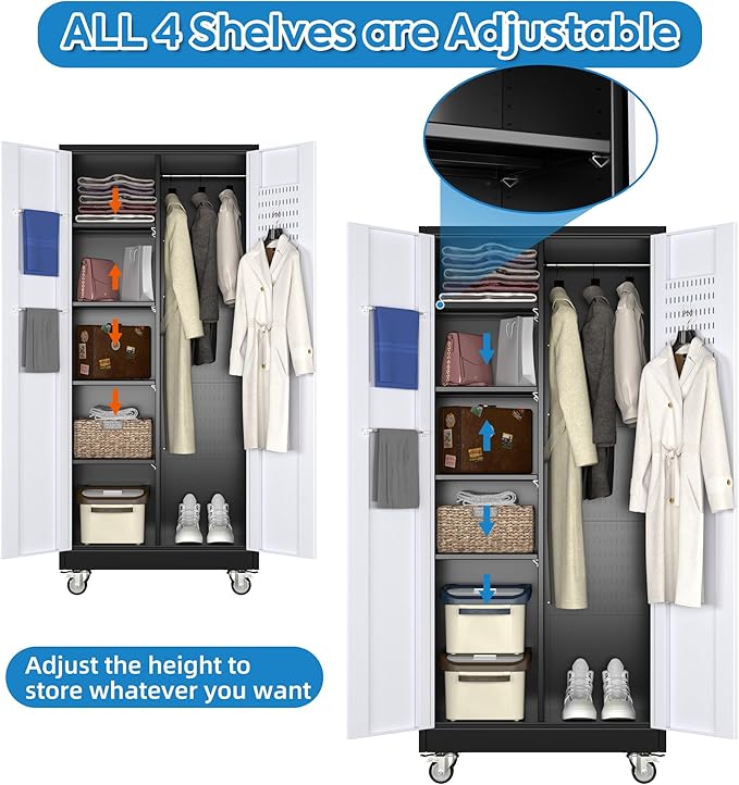 Broom Closet Storage Cabinet with Hanging Rod, 71" H Garage Storage Cabinet with Wheels and Pegboard & 13 Hooks for Garage, Home, Metal Cabinets, Black and White