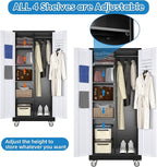 Broom Closet Storage Cabinet with Hanging Rod, 71" H Garage Storage Cabinet with Wheels and Pegboard & 13 Hooks for Garage, Home, Metal Cabinets, Black and White