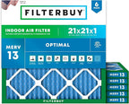 Filterbuy 21x21x1 Air Filter MERV 13 (MPR 1900) Health Defense Replacement (6-Pack), Electrostatic Pleated HVAC AC Furnace Filters, Made in USA (Actual Size: 20.88 x 20.88 x 0.75)