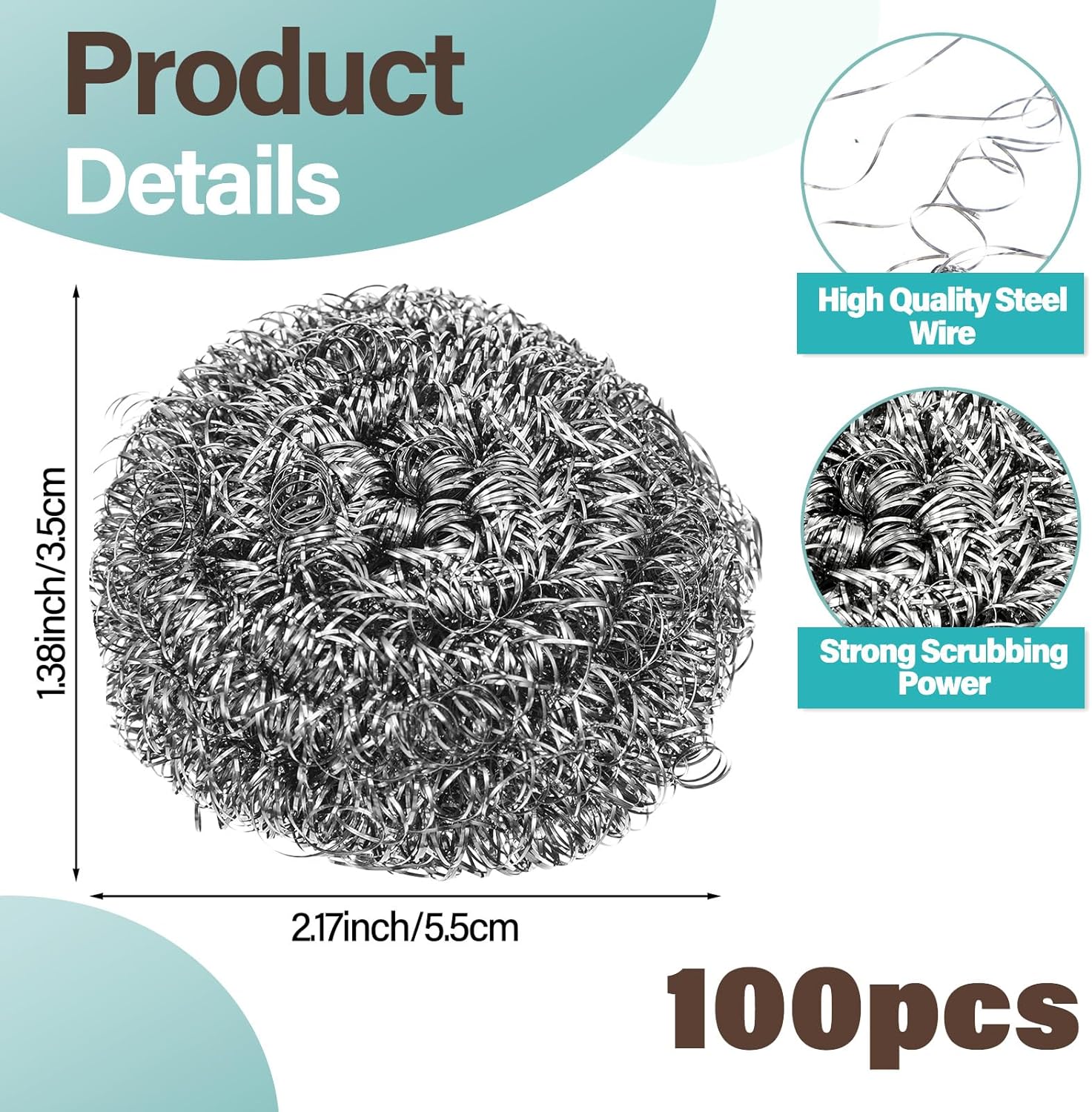 100Pcs Steel Wool Scrubber Pads, Bulk Steel Wool Scrubber, Metal Sponge Wire Scouring Pad, Heavy Duty Dishwashing Scouring Pads for Cleaning Dishes, Pans, Pots, Ovens, Grills, Sinks