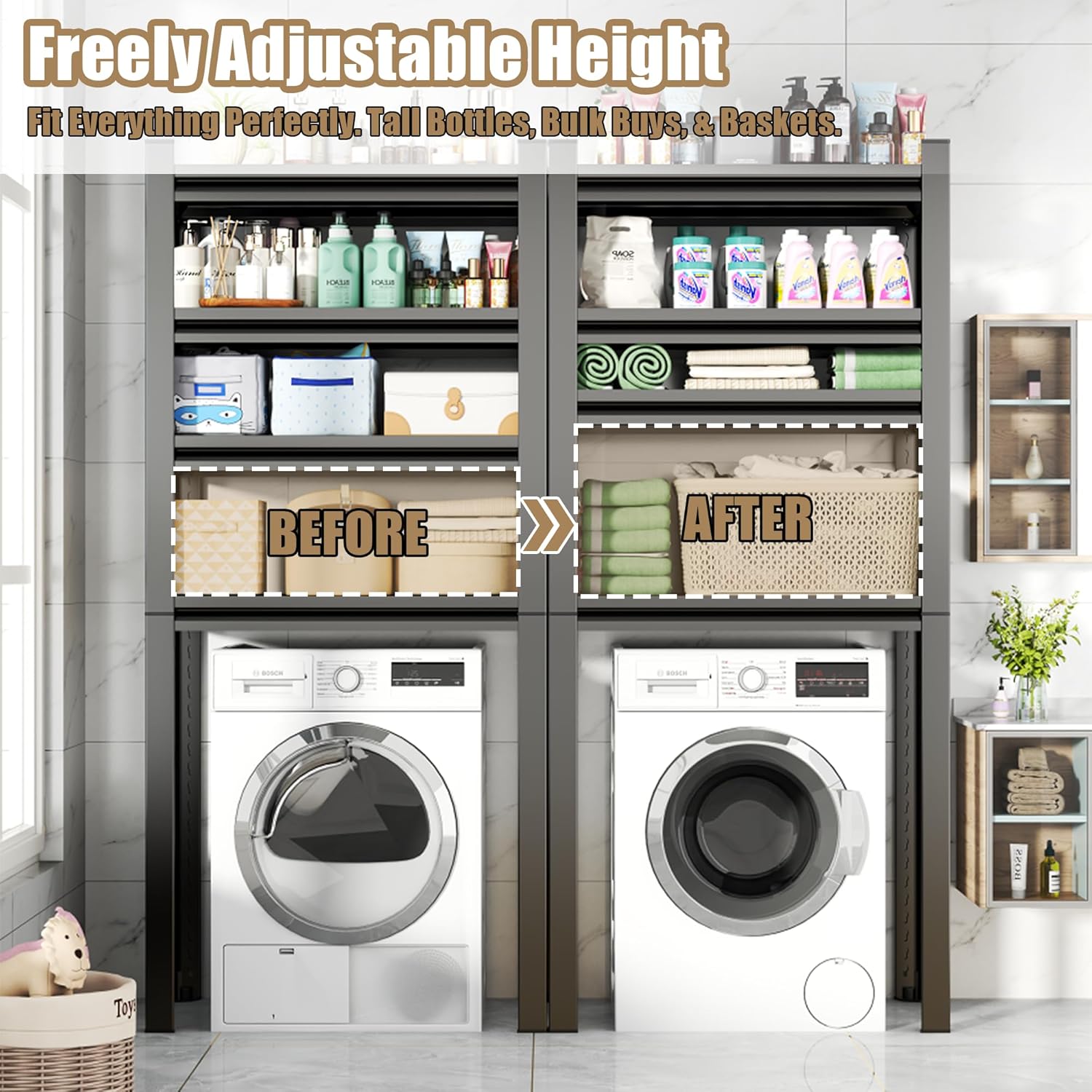 Upgraded Over The Toilet and Washer Storage Shelf,4 Tiers Laundry Room Standing Shelf,Bathroom Storage and Organizer Rack,Laundry Room Space Saver with Adjustable Shelves,39" W x 14" D x 63" H, Black