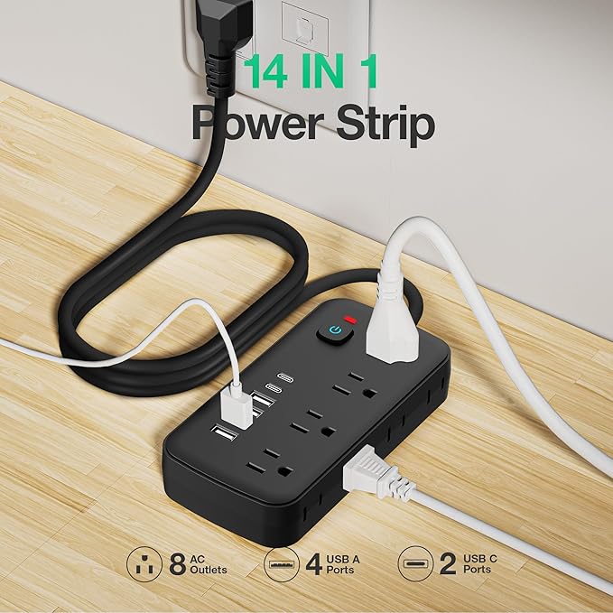 Surge Protector Power Strip - 8 AC Outlets & 6 USB Ports (4A/2C), 1080J Extension Cord with Multiple Outlets, 2-Sided Outlet Extender, 5FT Extension Cord, Wall Mount for Travel, Dorm Room