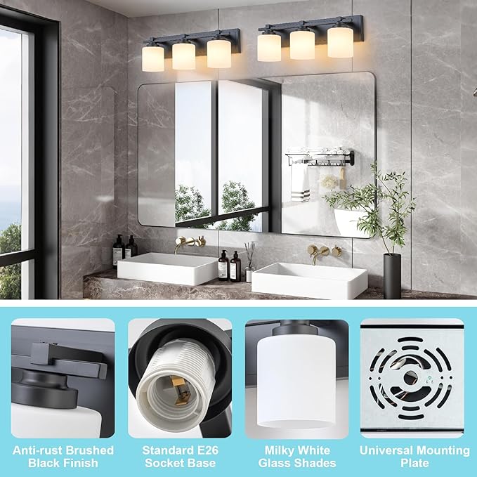 3 Light Modern Bathroom Light Fixtures Over Mirror, Black Vanity Lights for Bathroom Wall Sconces with Milky White Glass Shades, E26 Socket (Bulbs Not Included)