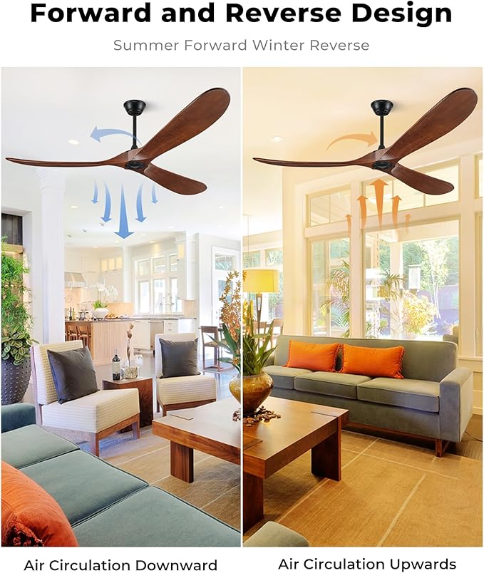 52" Ceiling Fans Without Lights, Solid Wood Ceiling Fan with Remote Control and DC Motor, Ceiling Fan no Light with 3 Blades, Indoor Outdoor Ceiling Fans for Patios, Bedroom- Dark Walnut