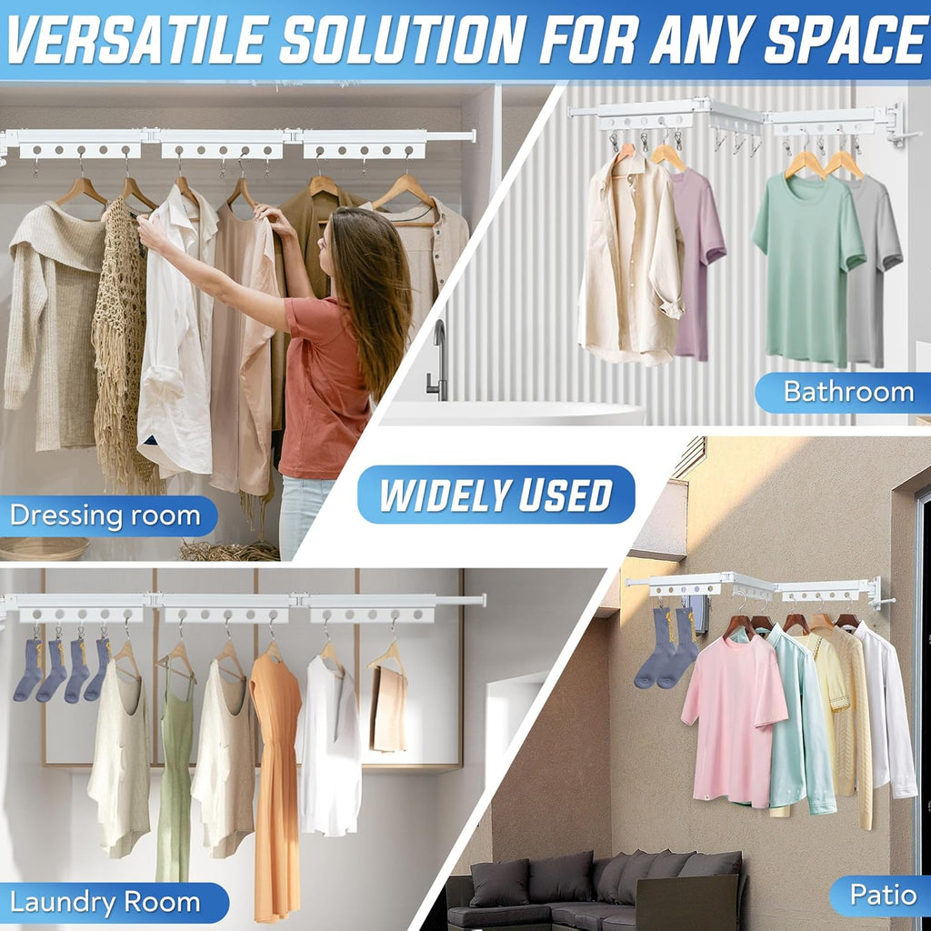 Clothes Drying Rack Wall Mounted, Retractable Space-Saving Foldable Laundry Drying Rack for Indoor & Outdoor Use - Laundry Rooms, Bathroom & Balconies,Includes 10 Clothespins(White)