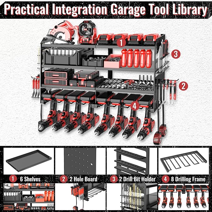 Power Tool Organizer Wall Mount, Metal 4 Layer Heavy Duty Metal Power Tool Storage Rack, Garage Drills Storage Shelves with Screwdriver Holder Plier Holder (Black, 8 Drills Holder)