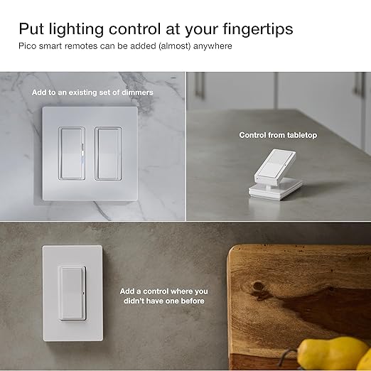 Lutron Diva Smart Dimmer Light Switch 3-Way Kit for Caseta Smart Lighting, w/Plate, Pico Remote, Wallmount Bracket, and Label Stickers, No Neutral Required, DVRF-PKG1D-WH
