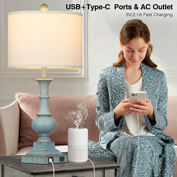 Farmhouse Table Lamps Set of 2, Rustic Touch Control Bedside Lamps with 2 USB Ports & AC Outlet, Vintage Resin 3-Way Dimmable Nightstand Lamp Linen Fabric Shade for Living Room Bedroom Decor Blue